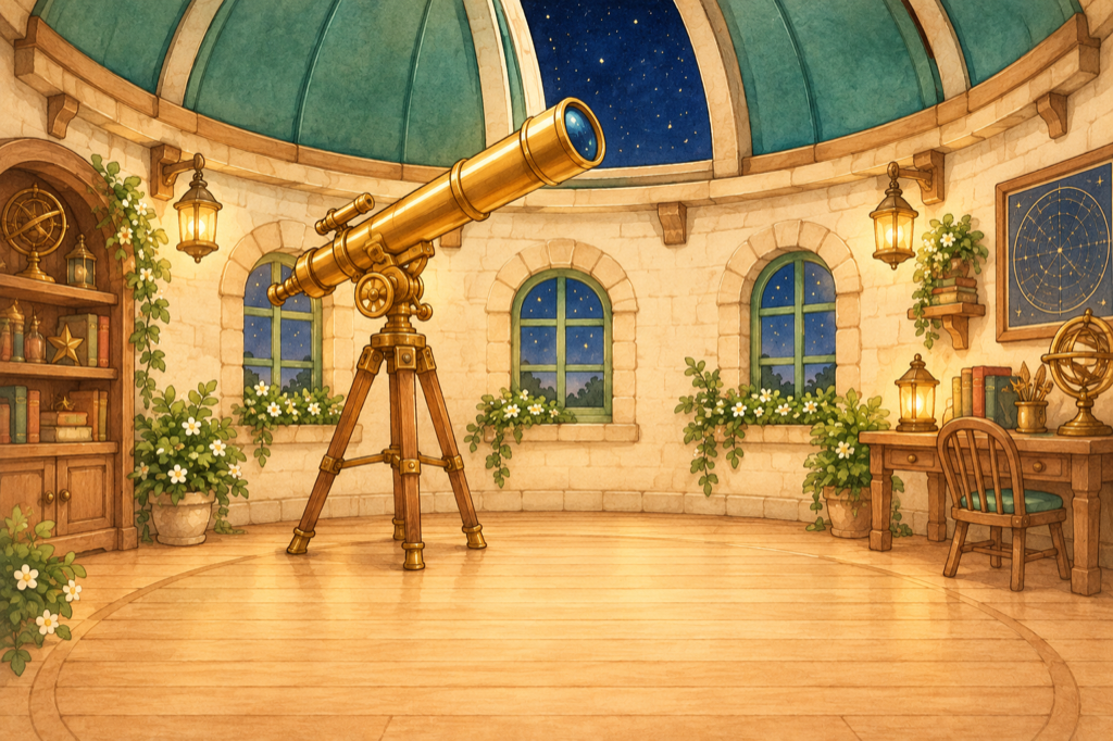 星空に向いた真ちゅうの望遠鏡がある、絵本風の天文台