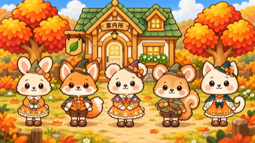 紅葉の案内所の前に、ハロウィン衣装のうさぎ・こはく・すみれ・くるみ・ももが並んでいます